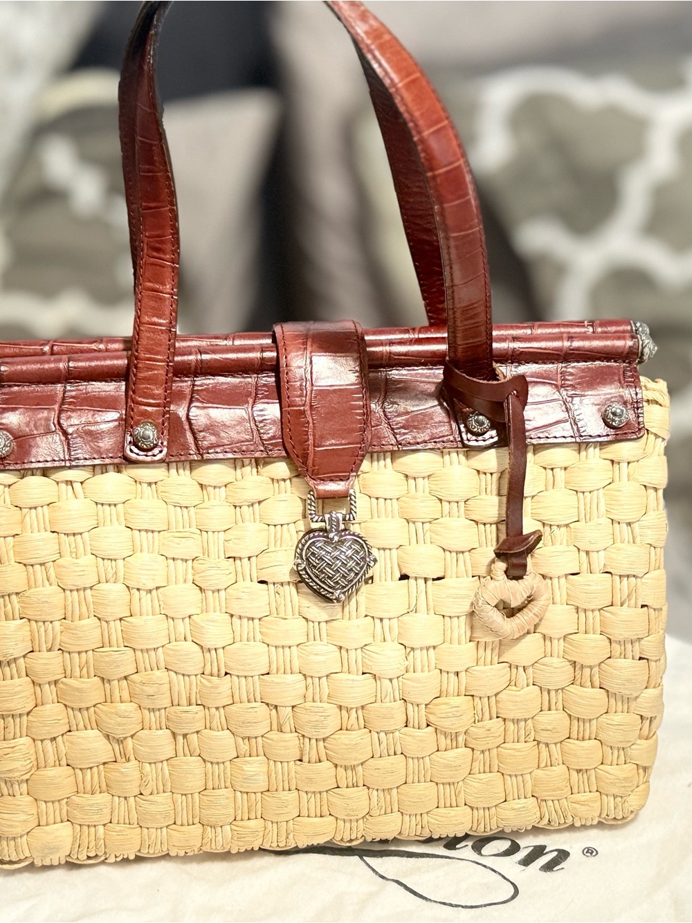 Brighton Heartland Straw Tote with Leather Croc Trim and Heart Charm